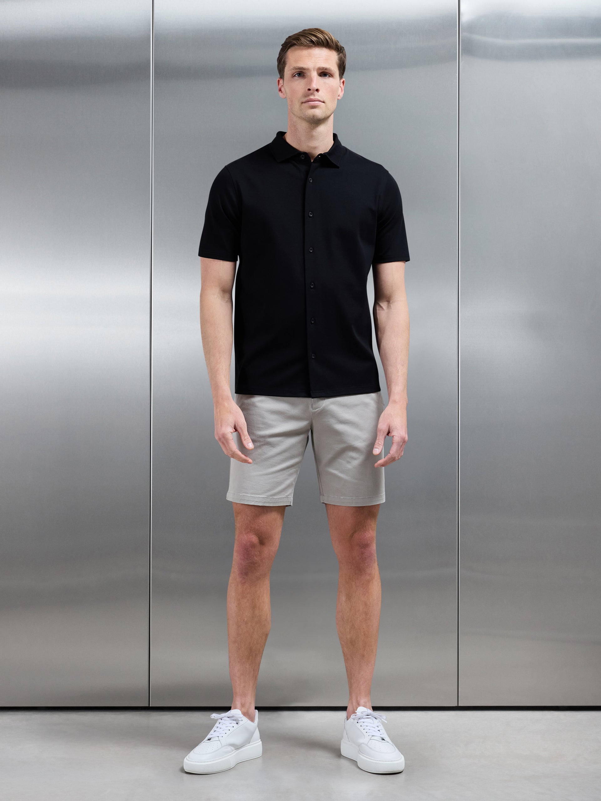 Mercerised Interlock Short Sleeve Button Through Shirt in Black