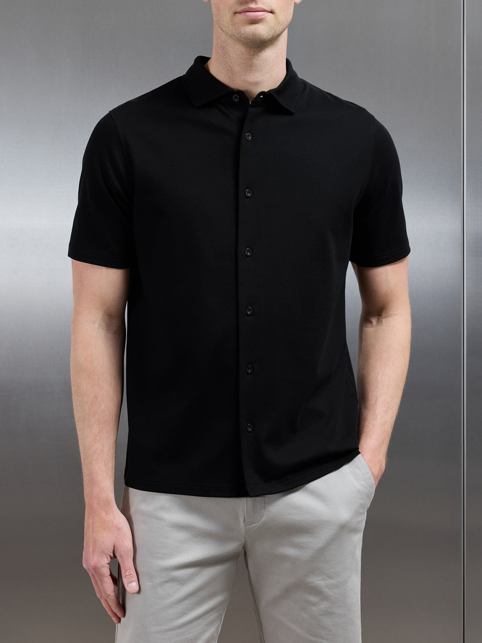 Mercerised Interlock Short Sleeve Button Through Shirt in Black