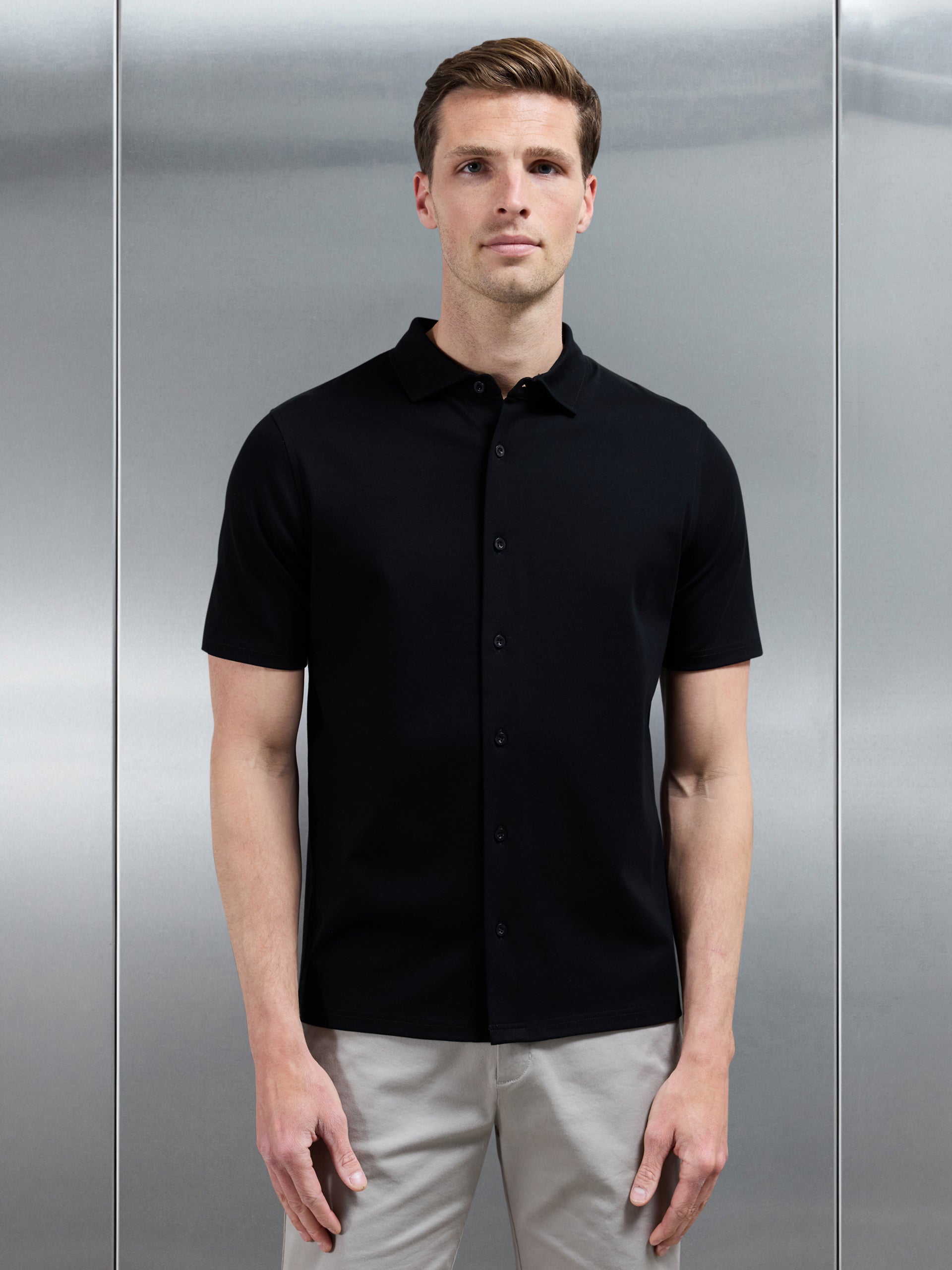 Mercerised Interlock Short Sleeve Button Through Shirt in Black
