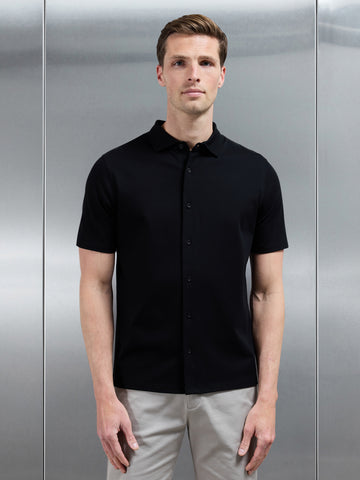 Mercerised Interlock Short Sleeve Button Through Shirt in Black