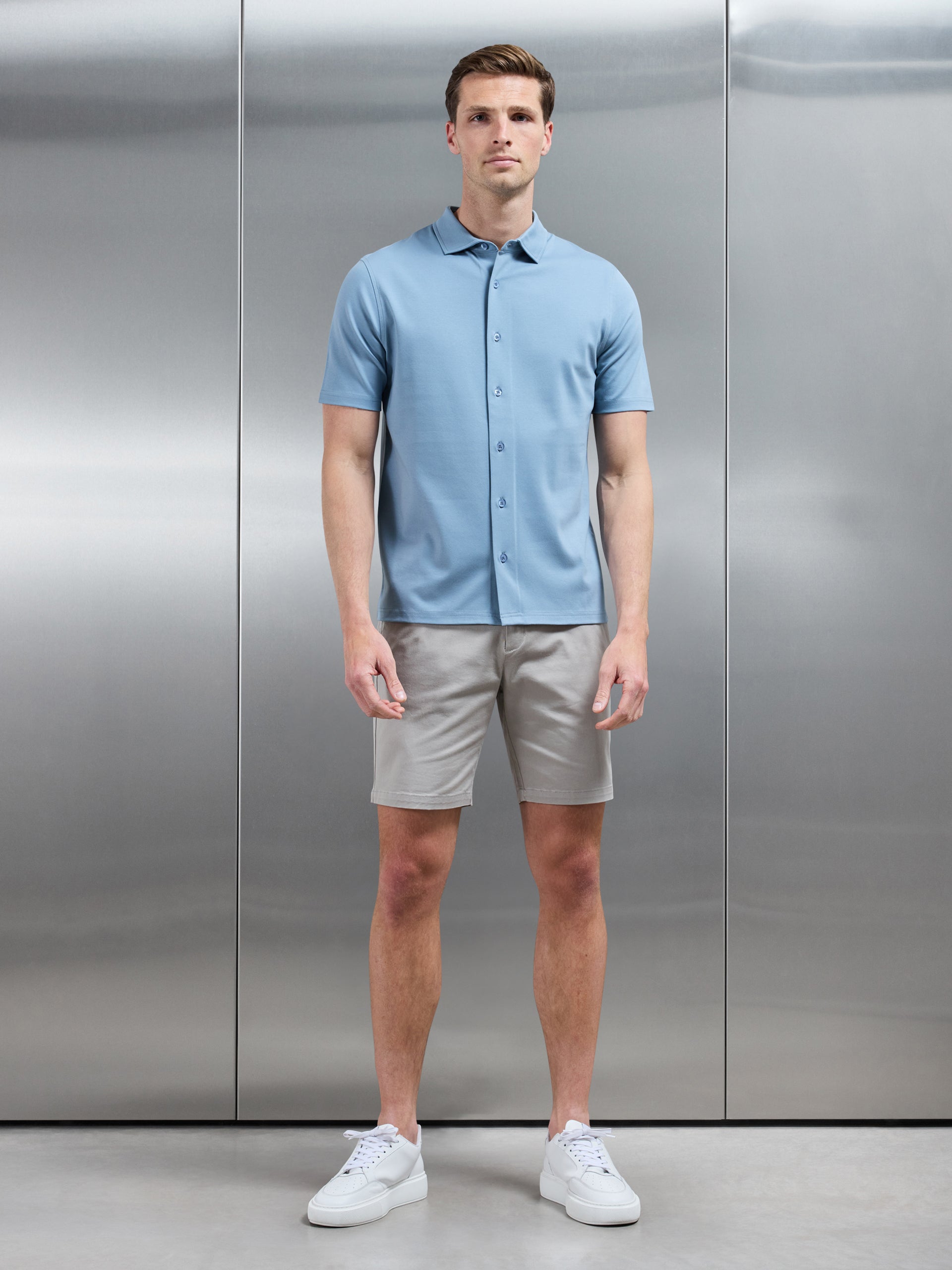 Mercerised Interlock Short Sleeve Button Through Shirt in Light Blue