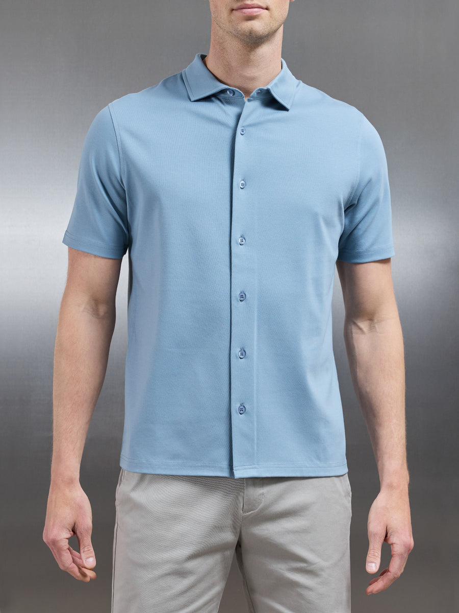 Mercerised Interlock Short Sleeve Button Through Shirt in Light Blue