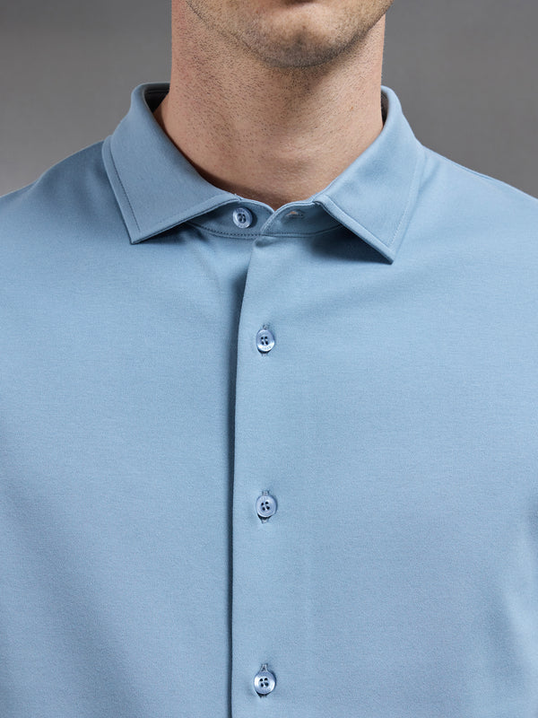 Mercerised Interlock Short Sleeve Button Through Shirt in Light Blue