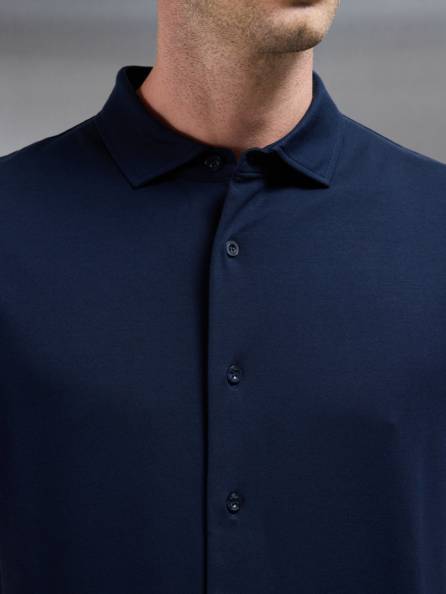 Mercerised Interlock Short Sleeve Button Through Shirt in Navy