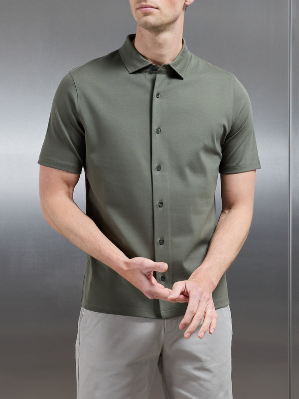 Mercerised Interlock Short Sleeve Button Through Shirt in Sage