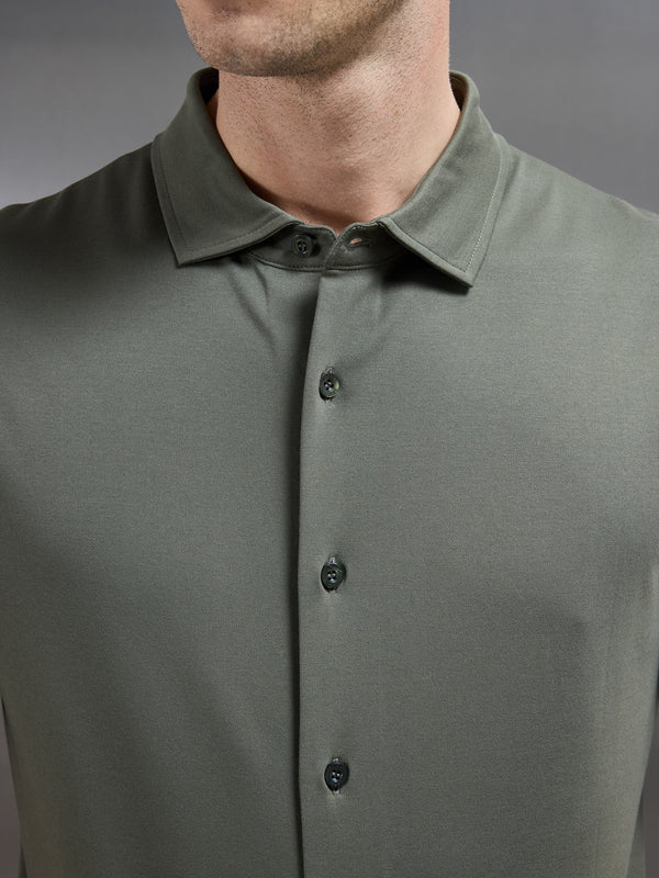 Mercerised Interlock Short Sleeve Button Through Shirt in Sage
