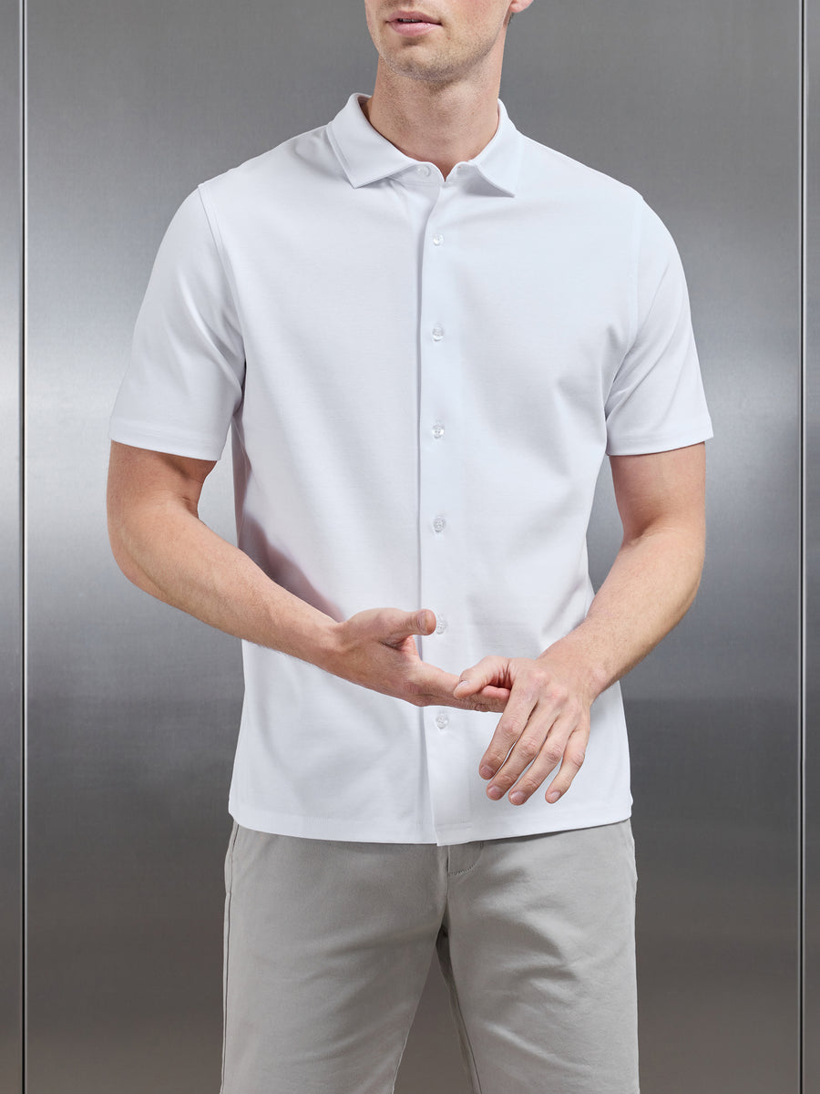 Mercerised Interlock Short Sleeve Button Through Shirt in White