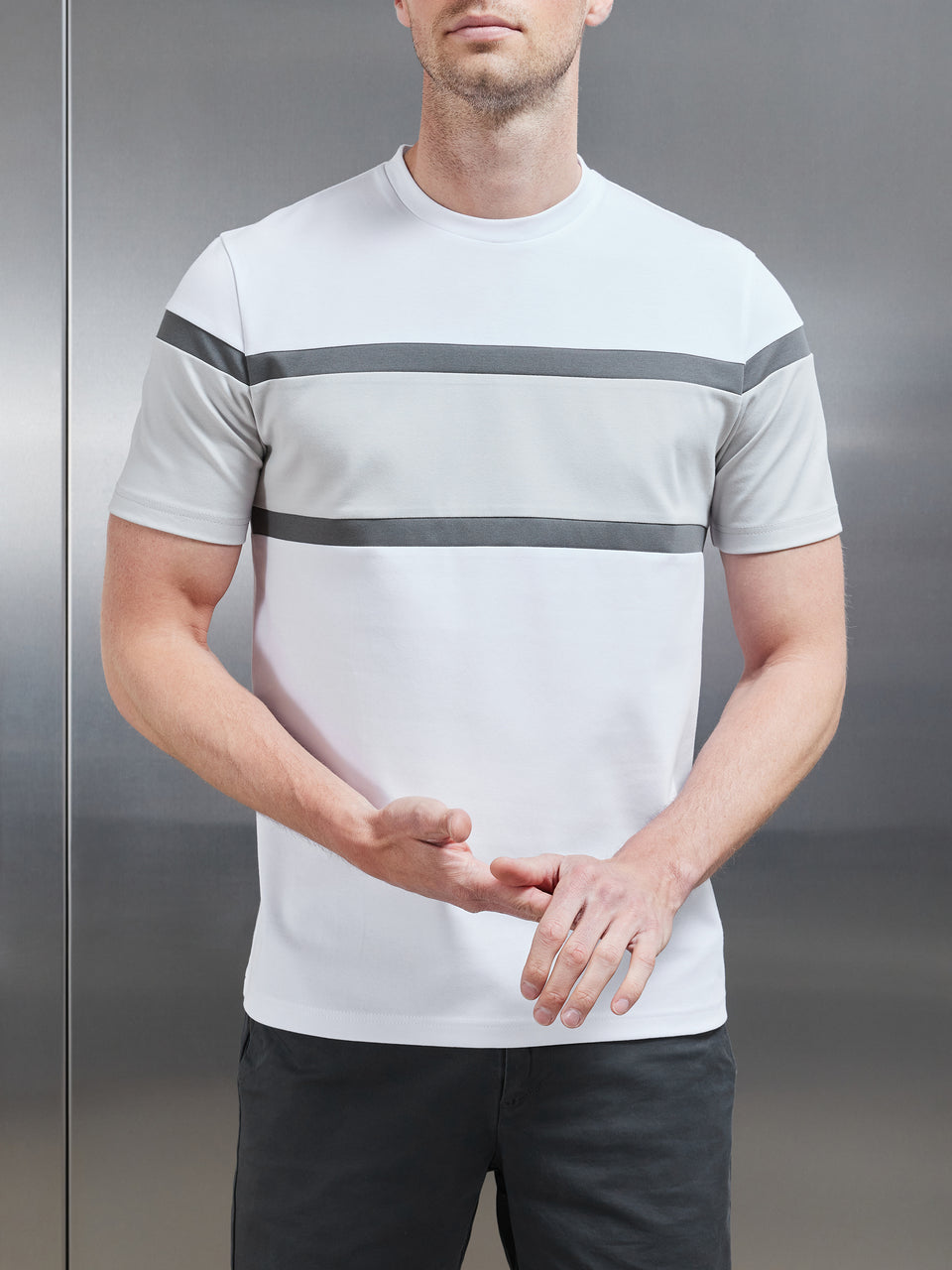 Mercerised Interlock Panel Colour Block T-Shirt in Mid Grey