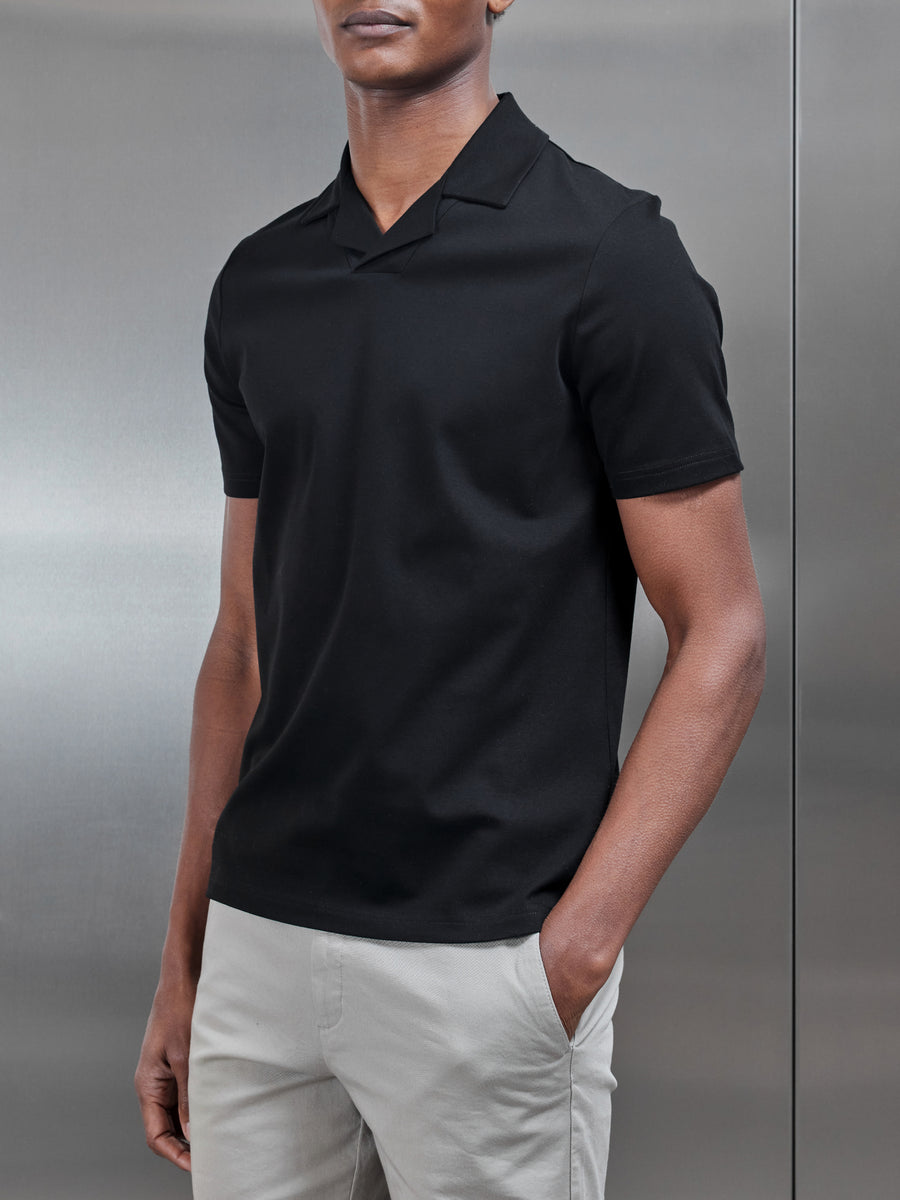 Mercerised Interlock Revere Collar Polo Shirt in Black