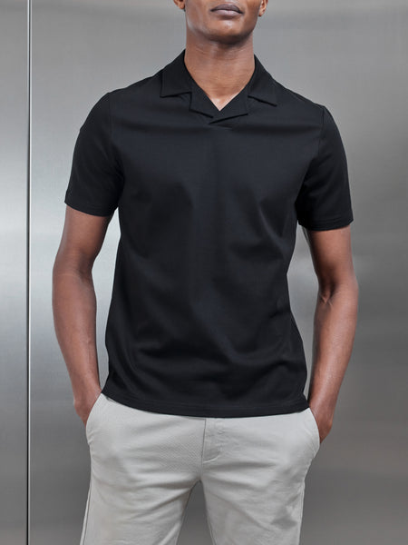 Mercerised Interlock Revere Collar Polo Shirt in Black