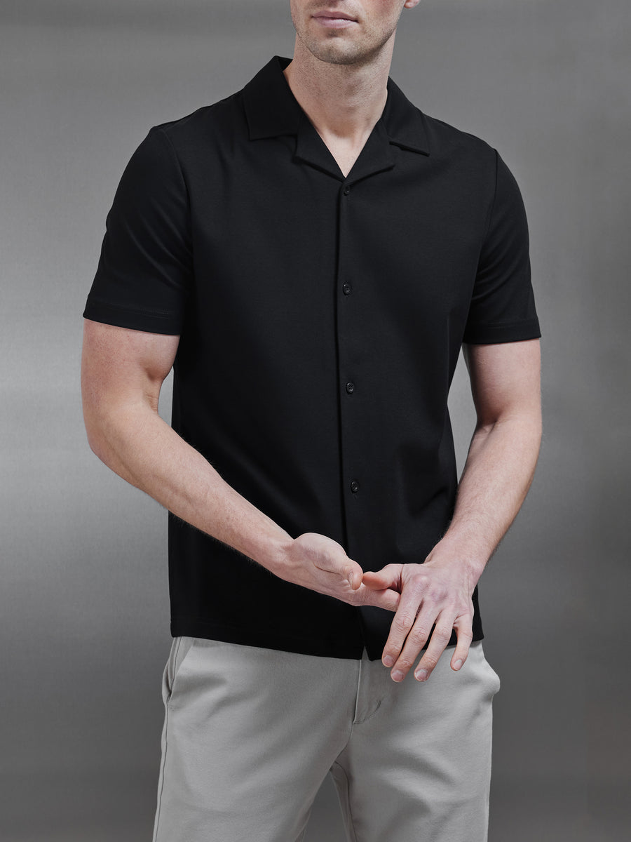 Mercerised Interlock Revere Collar Shirt in Black