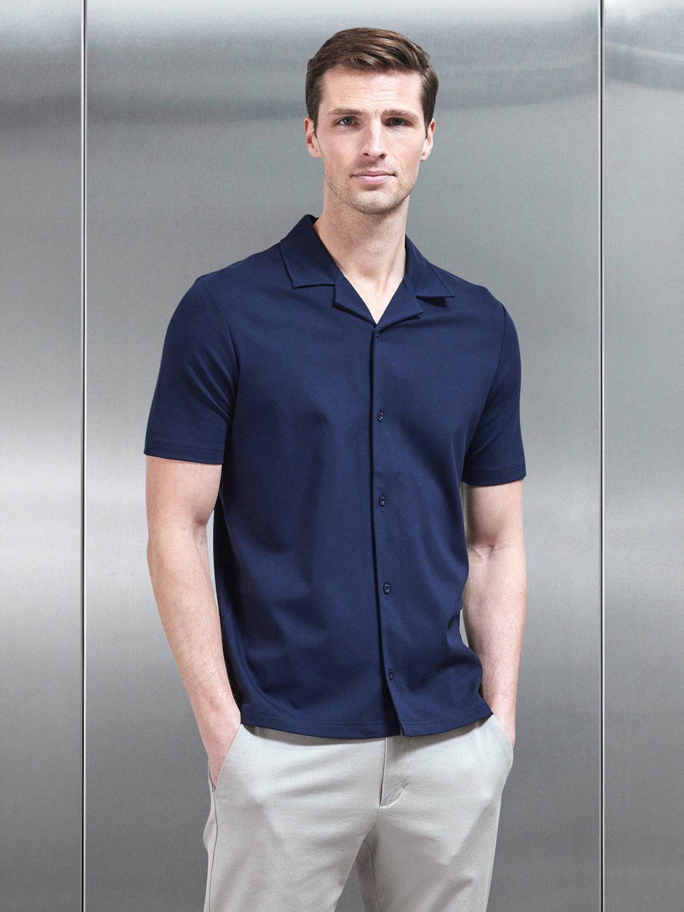 Mercerised Interlock Revere Collar Shirt in Navy