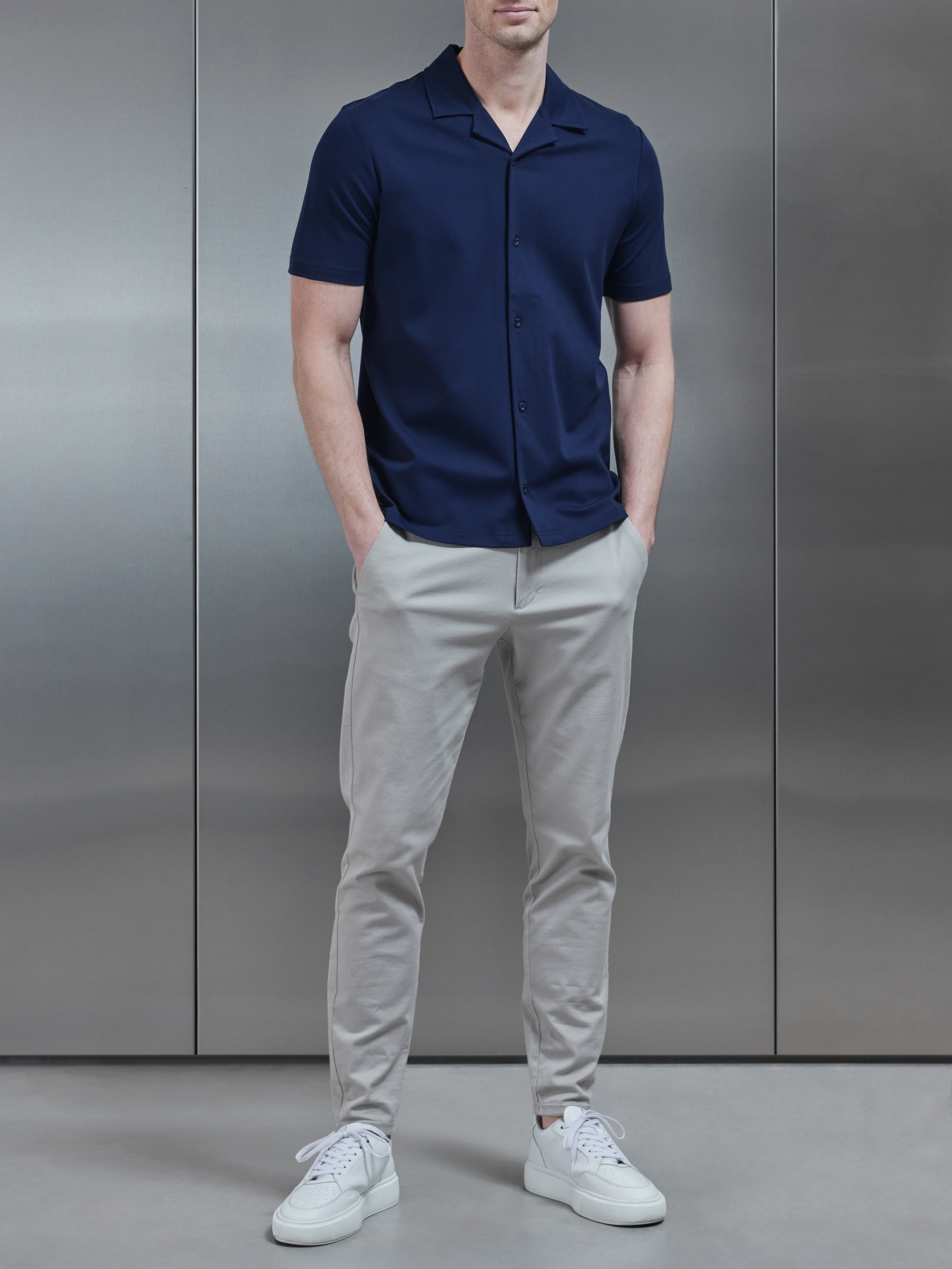 Mercerised Interlock Revere Collar Shirt in Navy