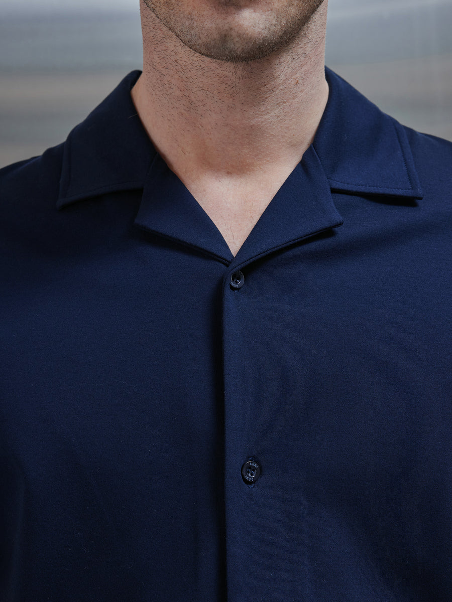 Mercerised Interlock Revere Collar Shirt in Navy