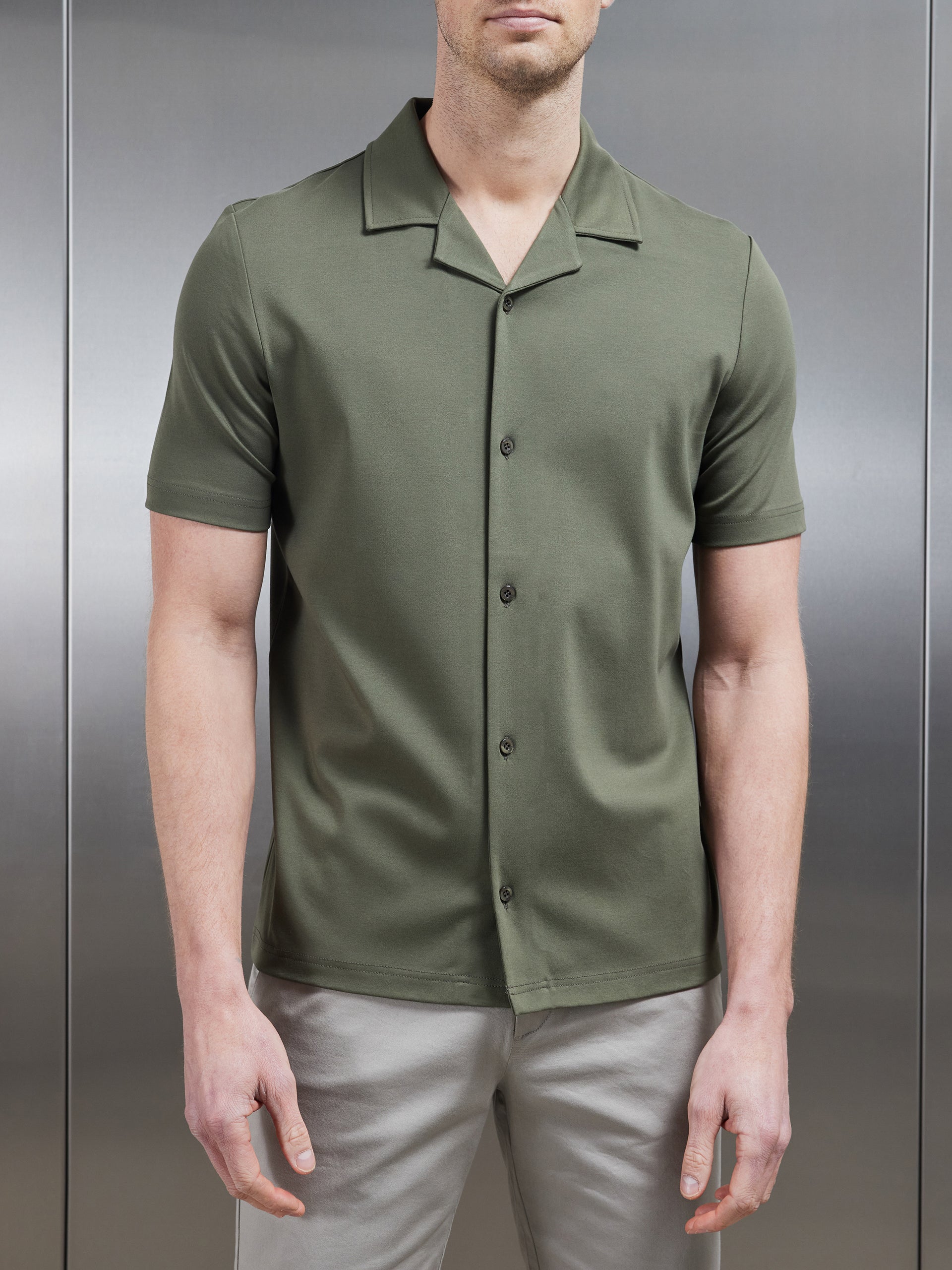 Mercerised Interlock Revere Collar Shirt in Sage