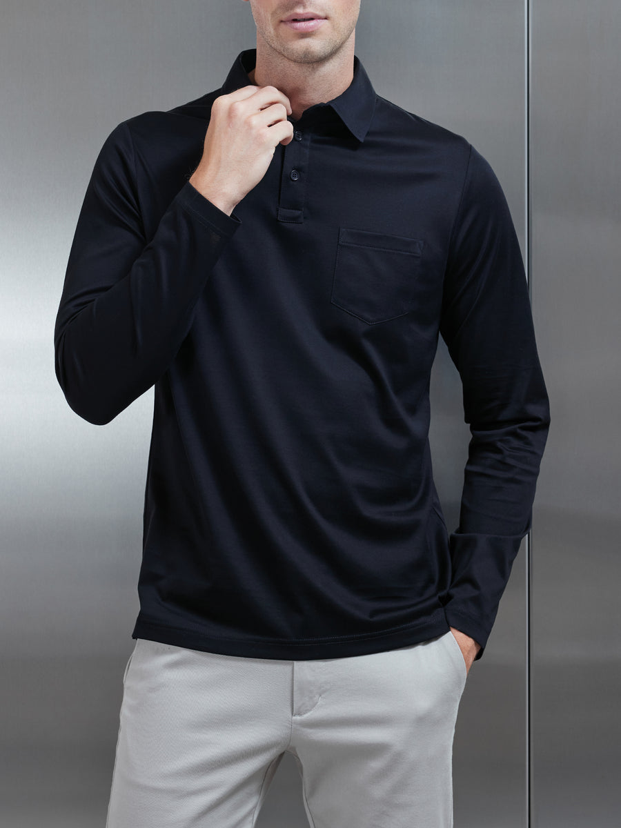 Mercerised Cotton Long Sleeve Polo Shirt in Black