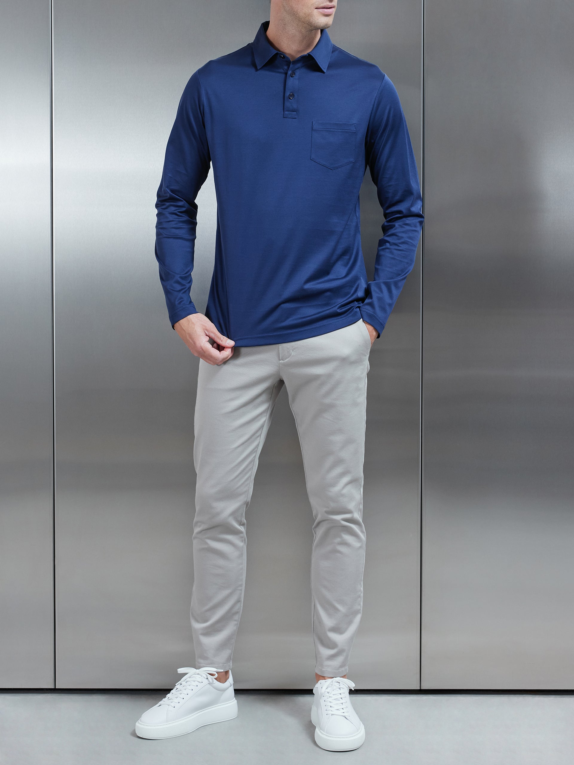 Mercerised Cotton Long Sleeve Polo Shirt in Navy