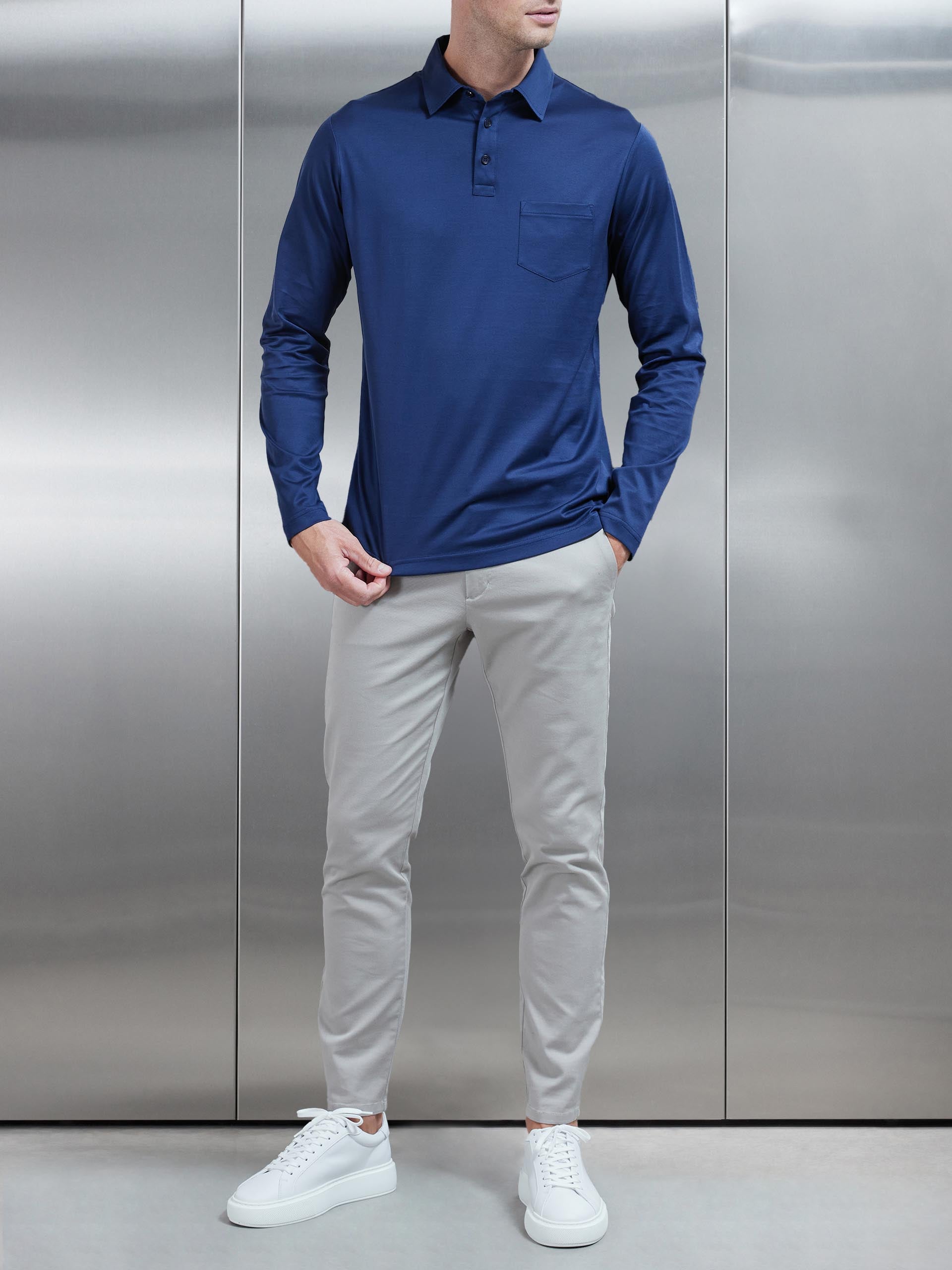 Mercerised Cotton Long Sleeve Polo Shirt in Navy