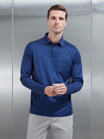 Mercerised Cotton Long Sleeve Polo Shirt in Navy