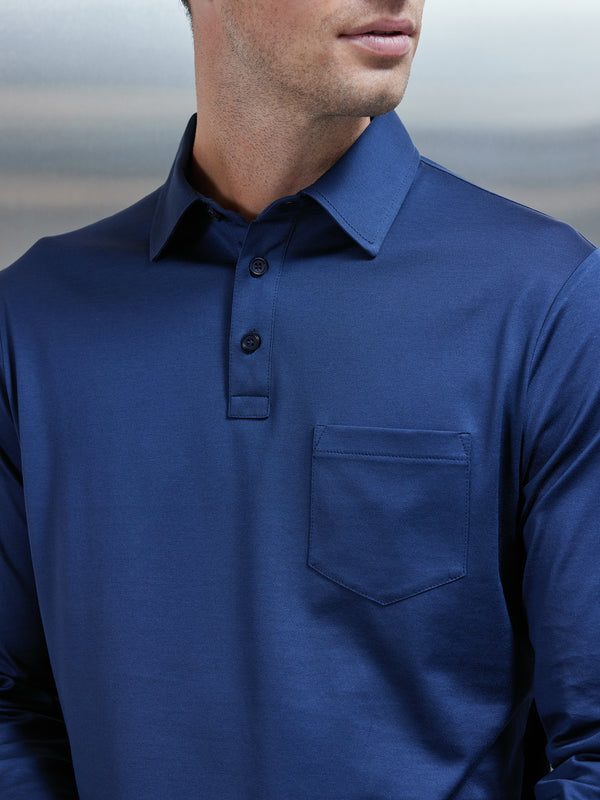 Mercerised Cotton Long Sleeve Polo Shirt in Navy