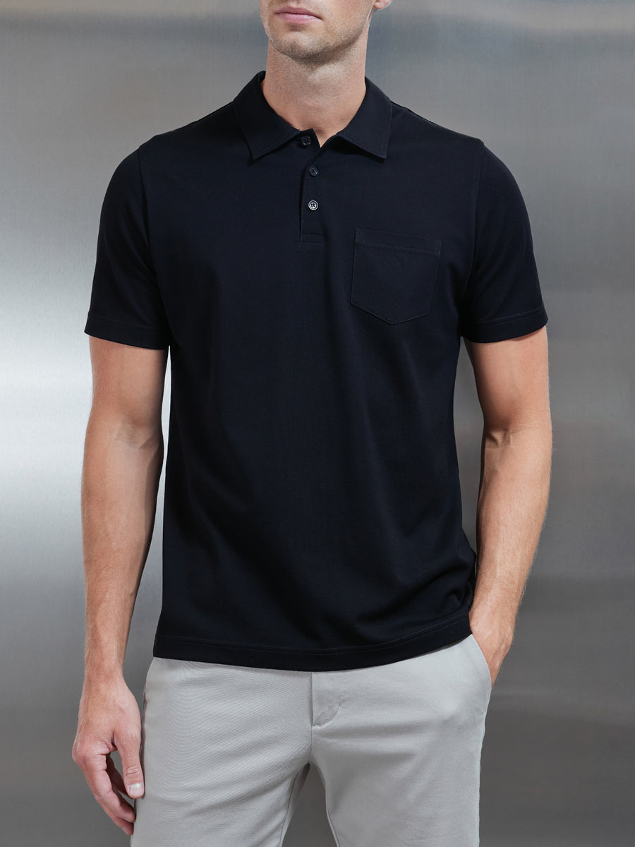 Mercerised Pique Button Polo Shirt in Black