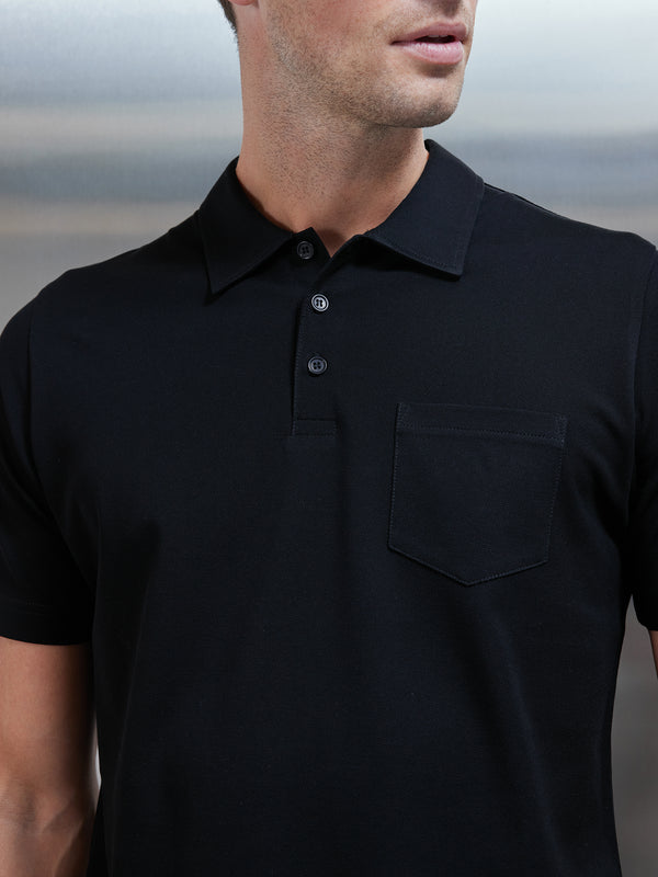 Mercerised Pique Button Polo Shirt in Black