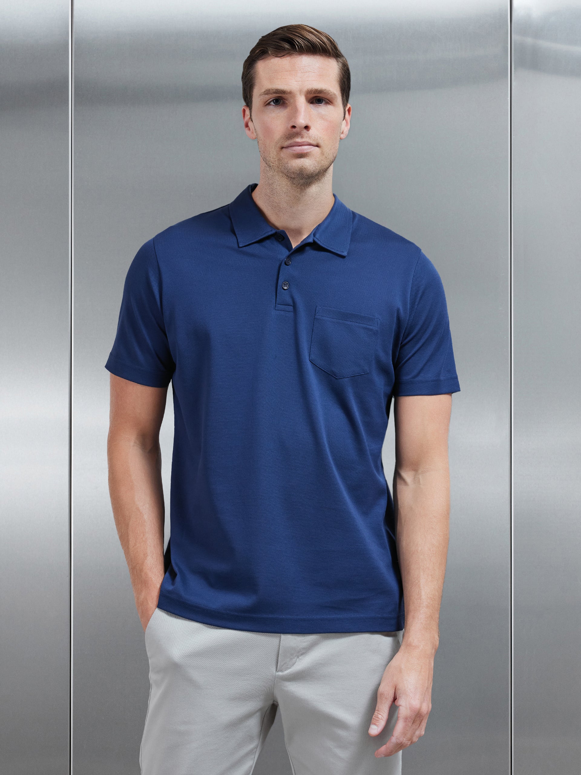 Mercerised Pique Button Polo Shirt in Navy