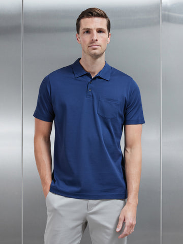 Mercerised Pique Button Polo Shirt in Navy