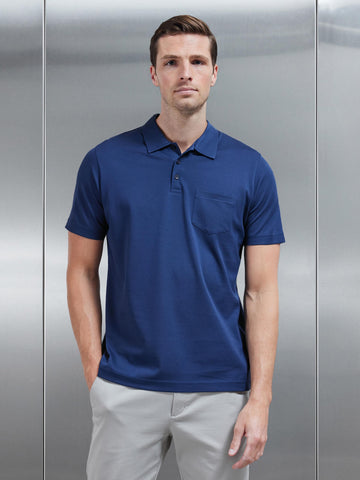 Mercerised Pique Button Polo Shirt in Navy