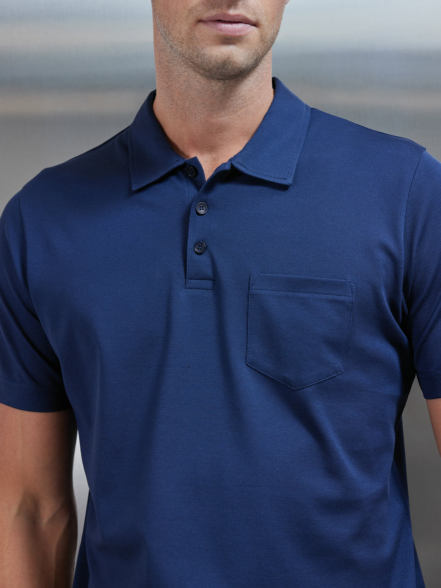 Mercerised Pique Button Polo Shirt in Navy