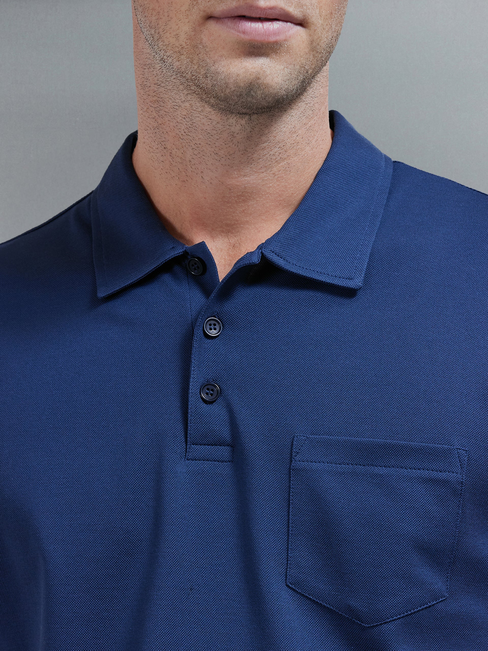 Mercerised Pique Button Polo Shirt in Navy
