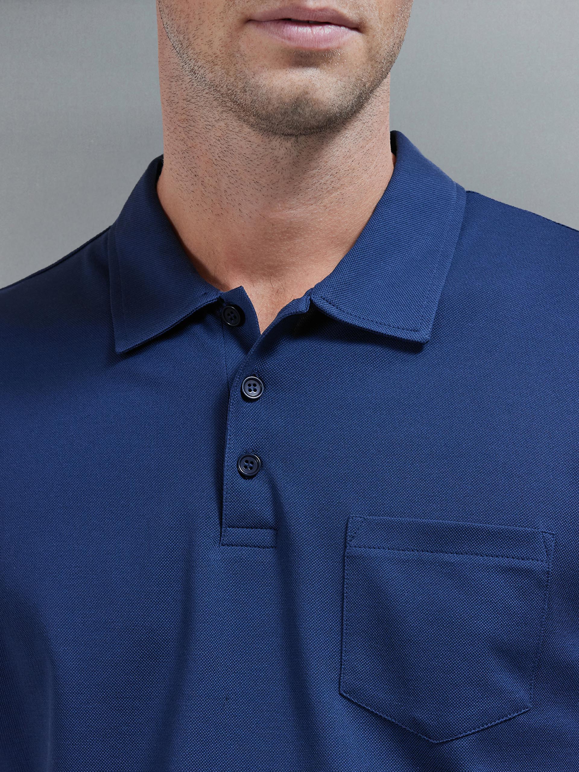 Mercerised Pique Button Polo Shirt in Navy