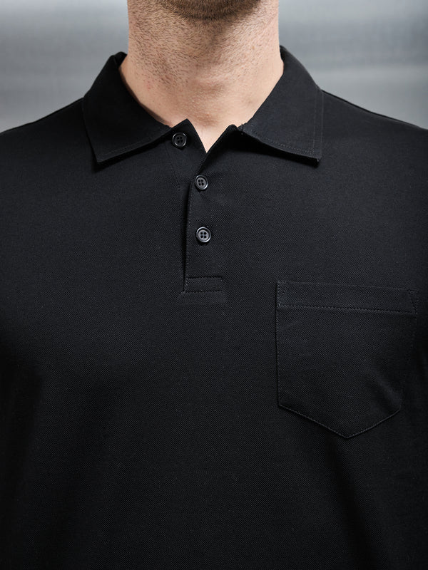 Mercerised Pique Long Sleeve Button Polo Shirt in Black