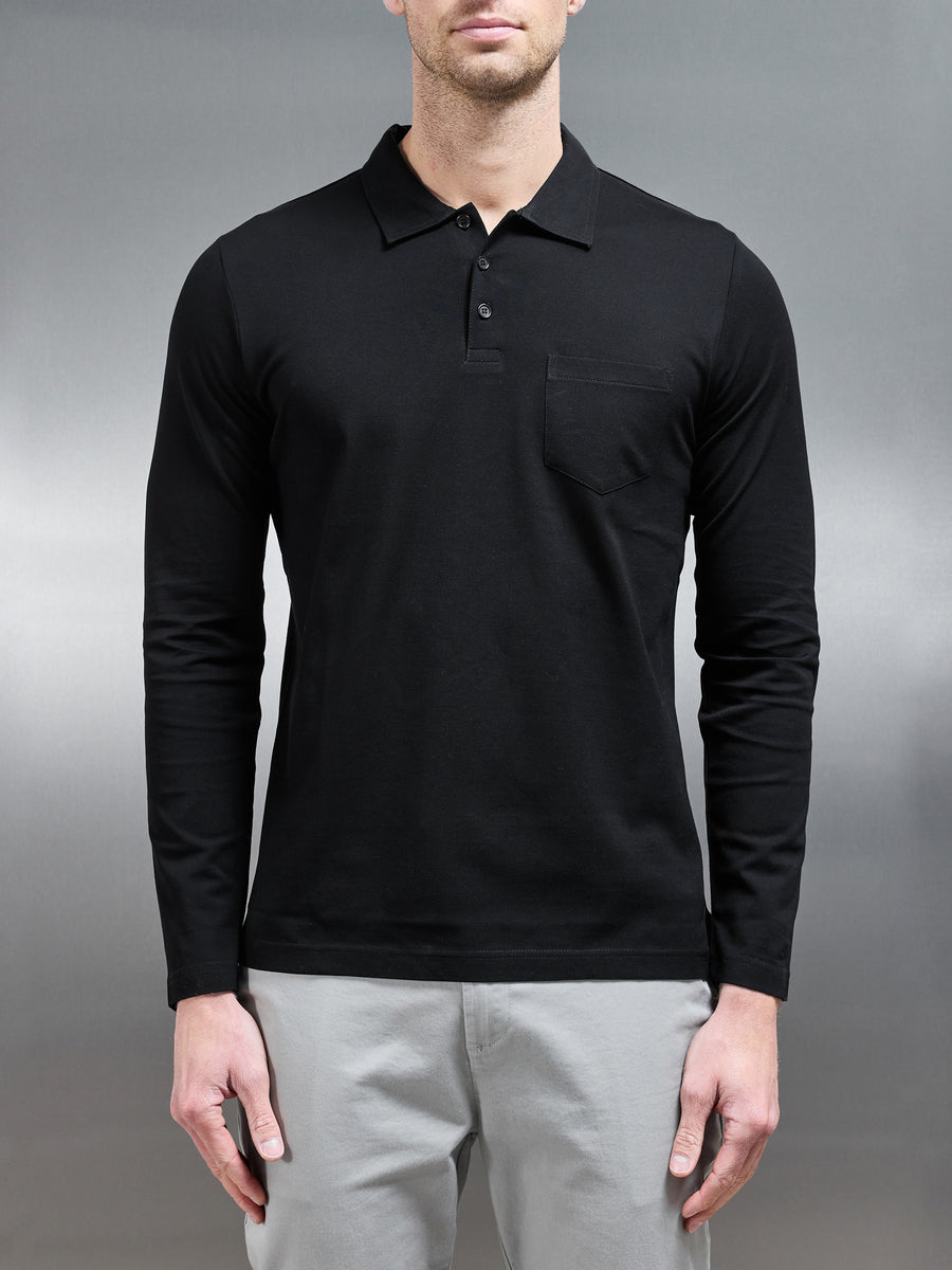 Mercerised Pique Long Sleeve Button Polo Shirt in Black