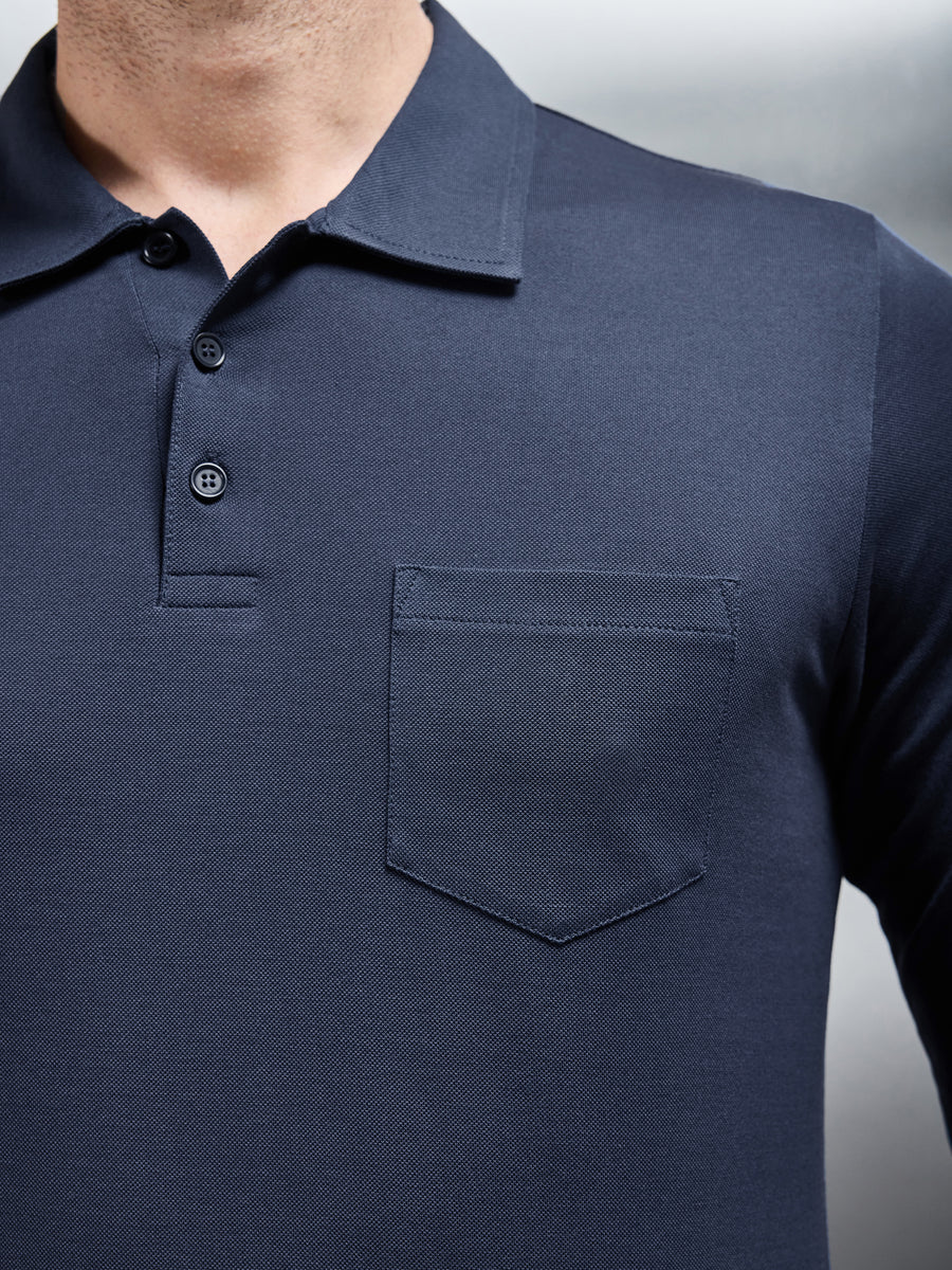 Mercerised Pique Long Sleeve Button Polo Shirt in Navy