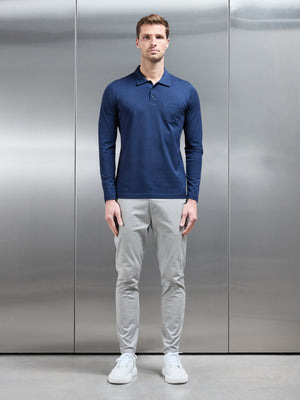 Mercerised Pique Long Sleeve Button Polo Shirt in Navy