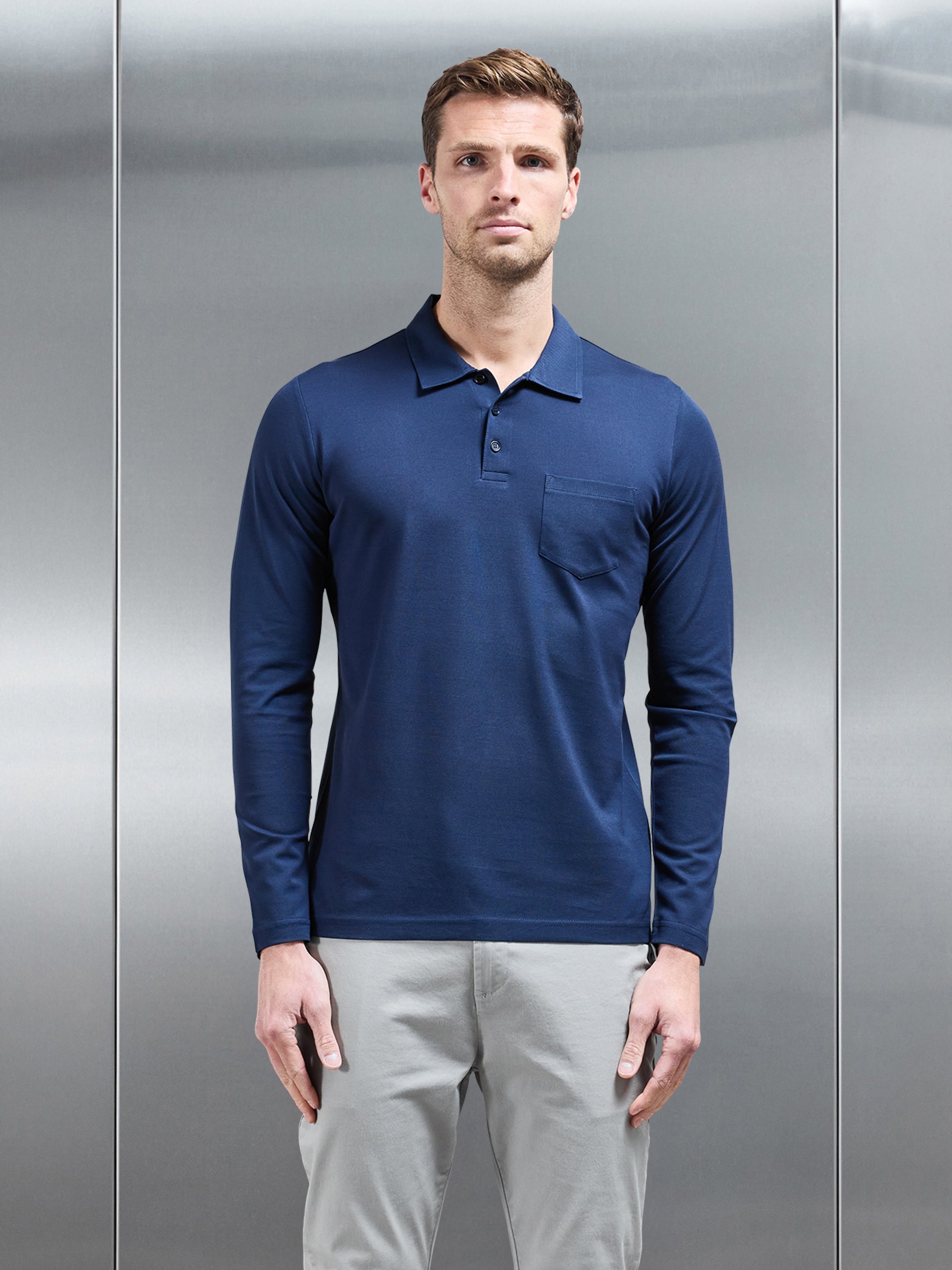 Mercerised Pique Long Sleeve Button Polo Shirt in Navy