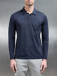 Mercerised Pique Long Sleeve Button Polo Shirt in Navy