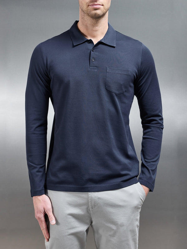 Mercerised Pique Long Sleeve Button Polo Shirt in Navy