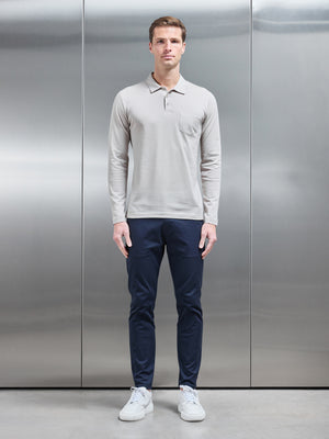 Mercerised Pique Long Sleeve Button Polo Shirt in Stone