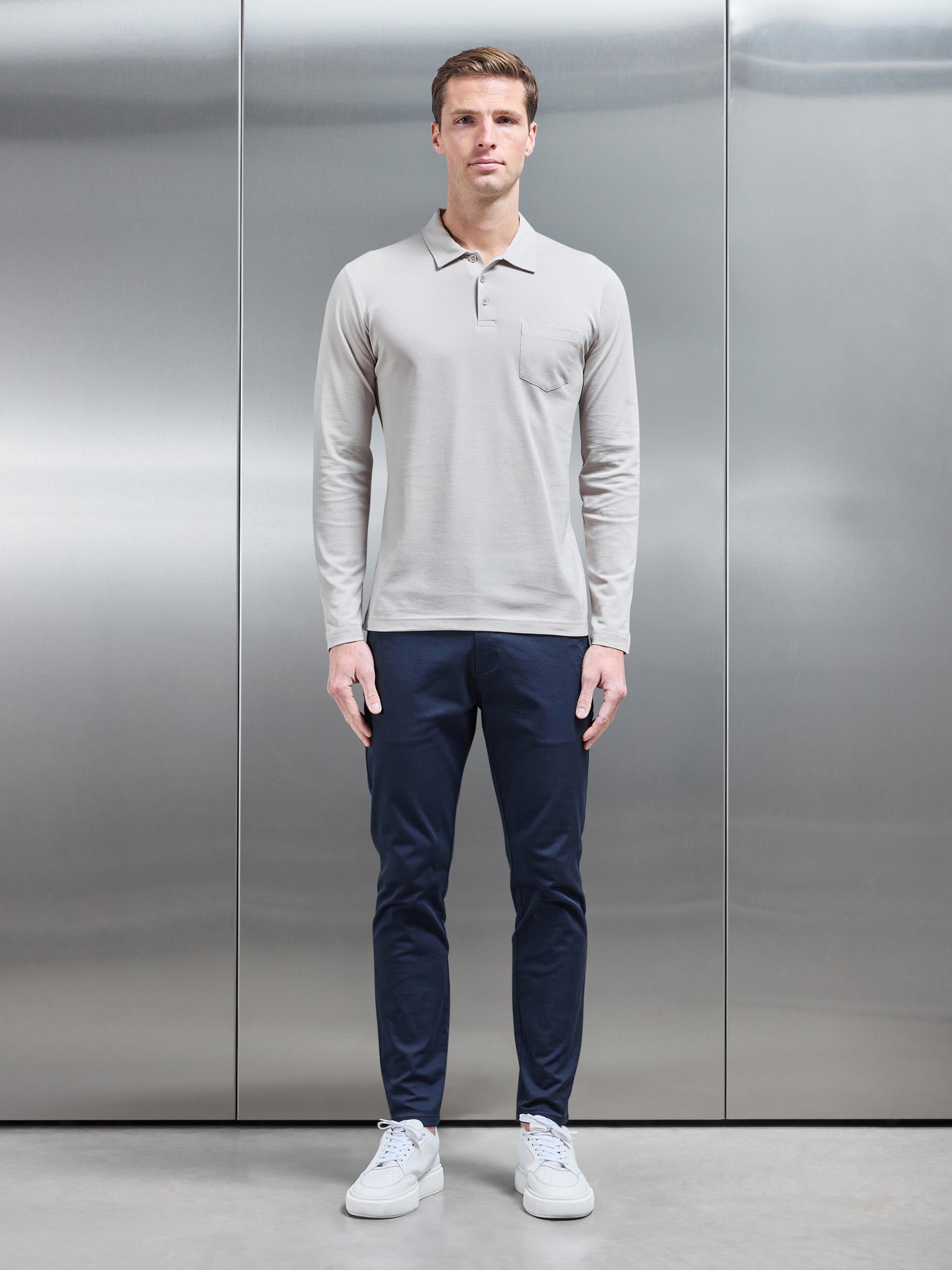 Mercerised Pique Long Sleeve Button Polo Shirt in Stone