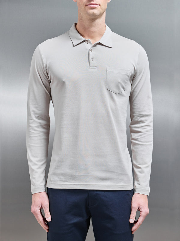 Mercerised Pique Long Sleeve Button Polo Shirt in Stone