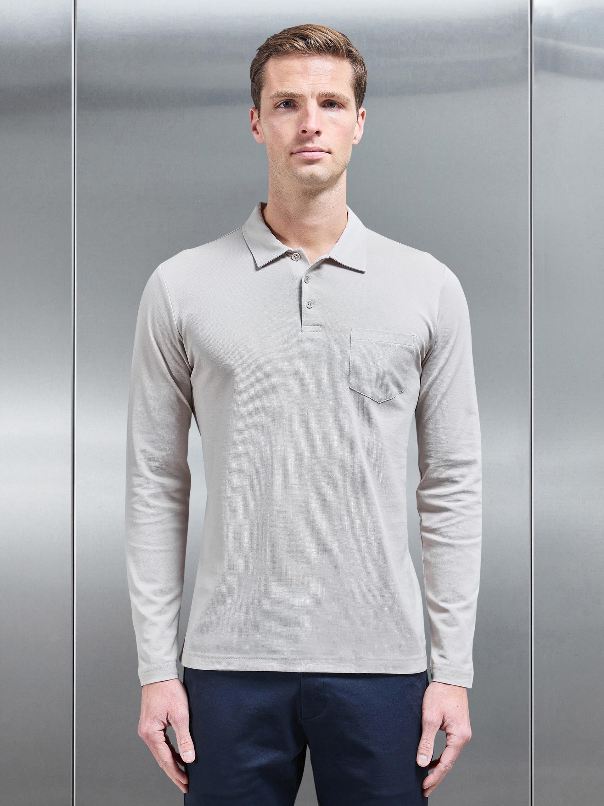 Mercerised Pique Long Sleeve Button Polo Shirt in Stone