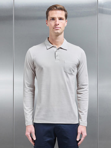 Mercerised Pique Long Sleeve Button Polo Shirt in Stone
