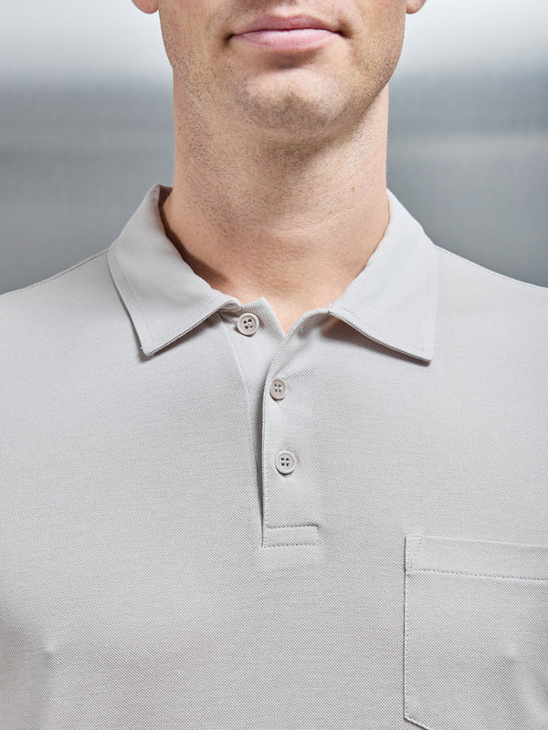 Mercerised Pique Long Sleeve Button Polo Shirt in Stone