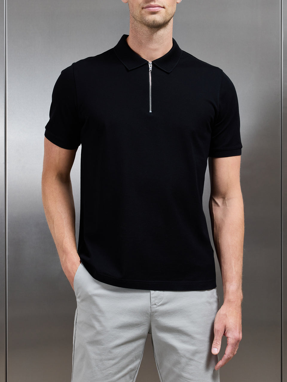 Mercerised Pique Textured Collar Polo Shirt in Black
