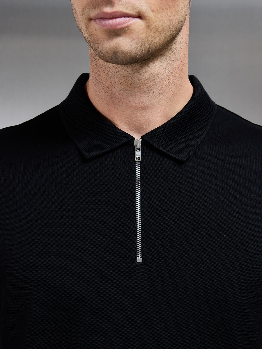 Mercerised Pique Textured Collar Polo Shirt in Black