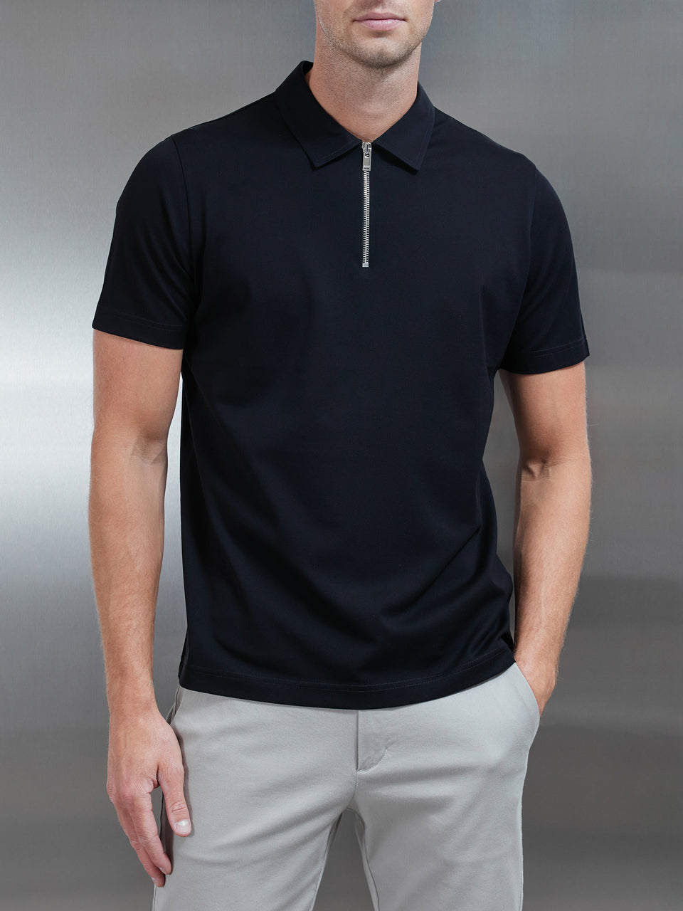 Mercerised Pique Zip Polo Shirt in Black