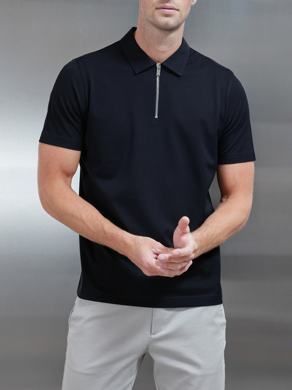 Mercerised Pique Zip Polo Shirt in Black