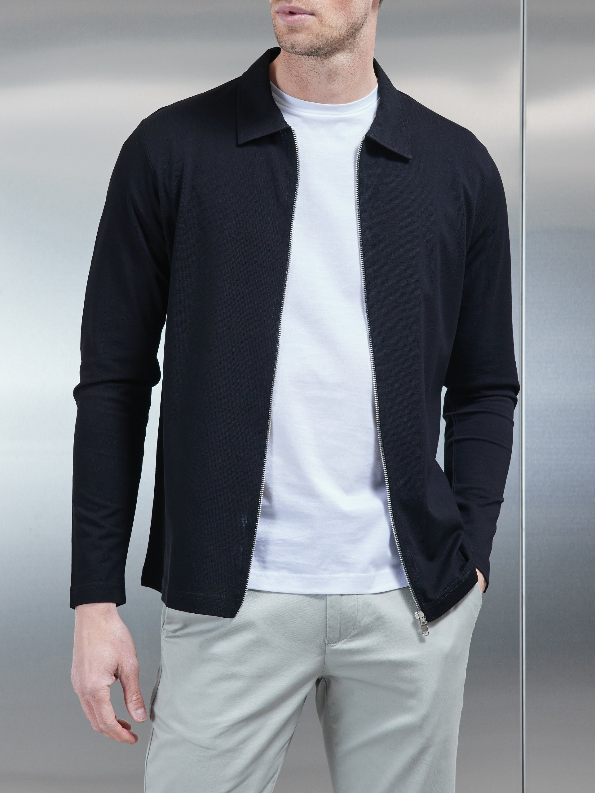 Mercerised Pique Zip Through Jacket in Black ARNE